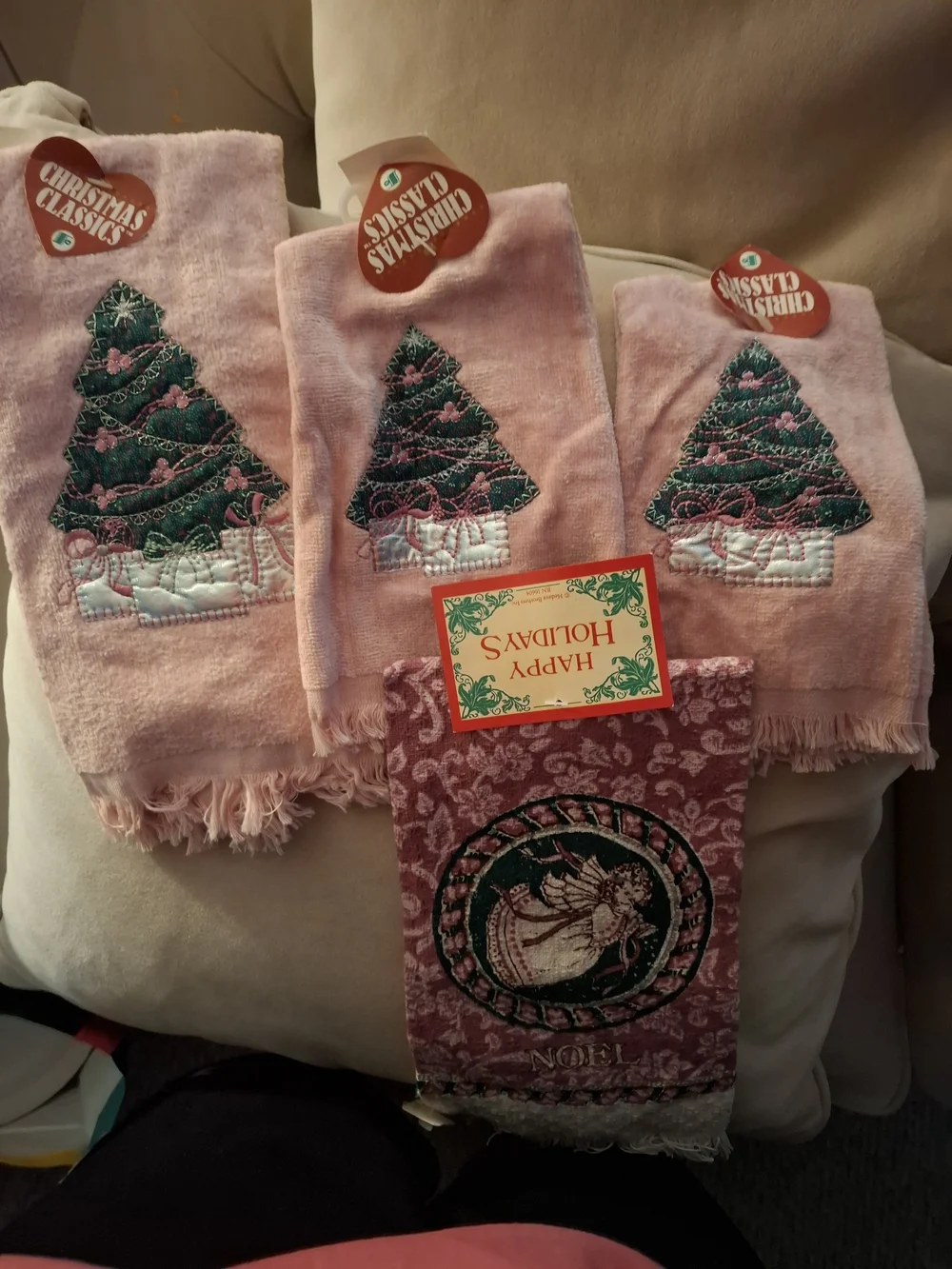 Christmas Tree Embroidered Pink Holiday Hand Towels